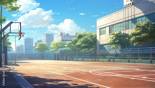バスケットゴールのある室外グラウンドアニメ背景 photo
