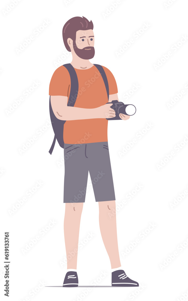 Hiking man with a camera. European tourist with a backpack. Traveler on vacation. Flat vector illustration isolated on white background Hiking man with a camera. European tourist with a backpack. Traveler on vacation. Flat vector illustration isolated on white background
