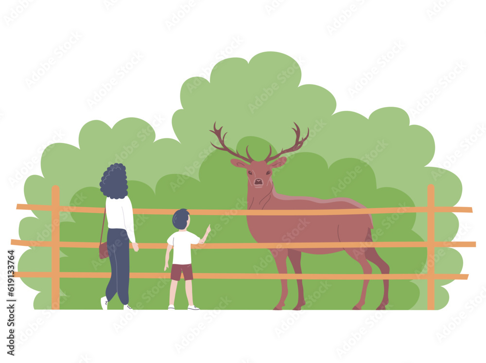 Mother and child look at a deer in the zoo. Herbivore mammal with horns. Wild animal. Family weekend and leisure. Cartoon vector illustration isolated on white background Mother and child look at a deer in the zoo. Herbivore mammal with horns. Wild animal. Family weekend and leisure. Cartoon vector illustration isolated on white background