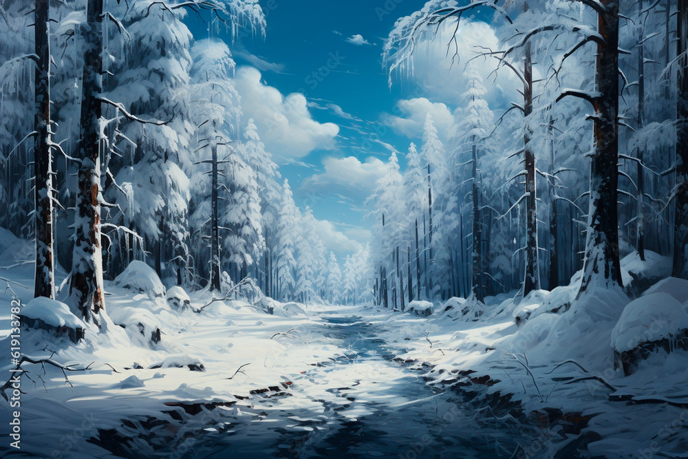 Winter landscape with snow covered trees in the forest.generative ai
