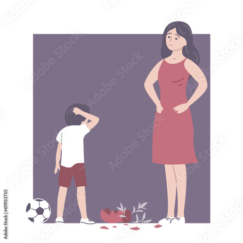 A little boy broke a glass vase with a soccer ball. The son is guilty before the mother. Forgiveness. The parent is raising the child. Cartoon vector illustration