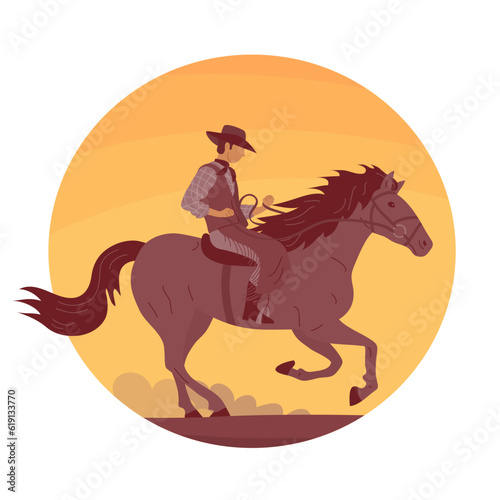 Cowboy man in a hat rides a horse. Desert and hot sunset. Wild West, western, rodeo and horse racing. Cartoon vector illustration