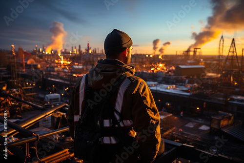 Portrait of a handsome young African-American man with a beard, wearing a yellow jacket, standing in front of a large industrial port.generative ai