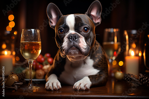 French bulldog dog with glass of white wine on a dark background.generative ai © Aghavni