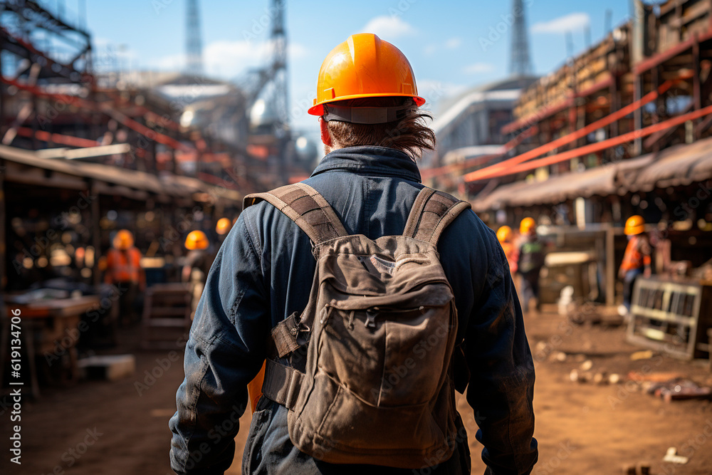 Rear view of a female construction worker wearing a safety helmet and working on a construction site.generative ai Rear view of a female construction worker wearing a safety helmet and working on a construction site.generative ai
