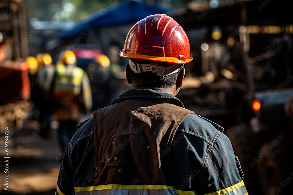 Rear view of a female construction worker wearing a safety helmet and working on a construction site.generative ai Rear view of a female construction worker wearing a safety helmet and working on a construction site.generative ai