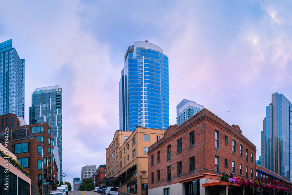 Seattle City skyline, buildings, streets, and pastel-toned cloudscape in Washington State