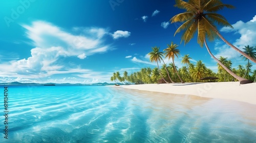 Beach background  beach landscape  tropical nature scene  palm trees and blue sky  summer vacation concept new quality universal colorful technology stock image illustration design  generative ai