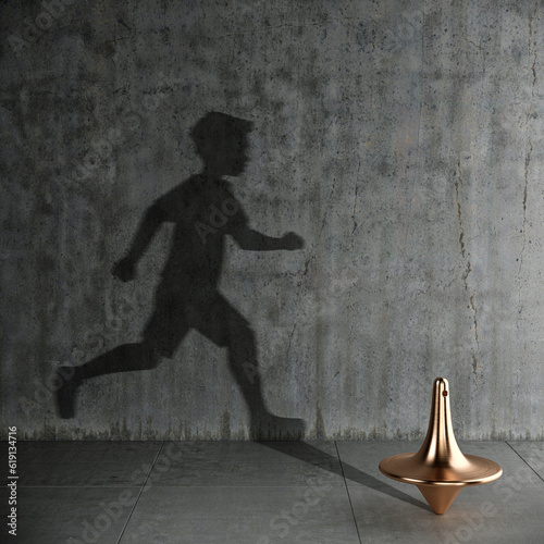 The concept of speed, unrestrainedness and movement. A metal gyroscope, a spinner that casts the shadow of a running boy. 3D illustration