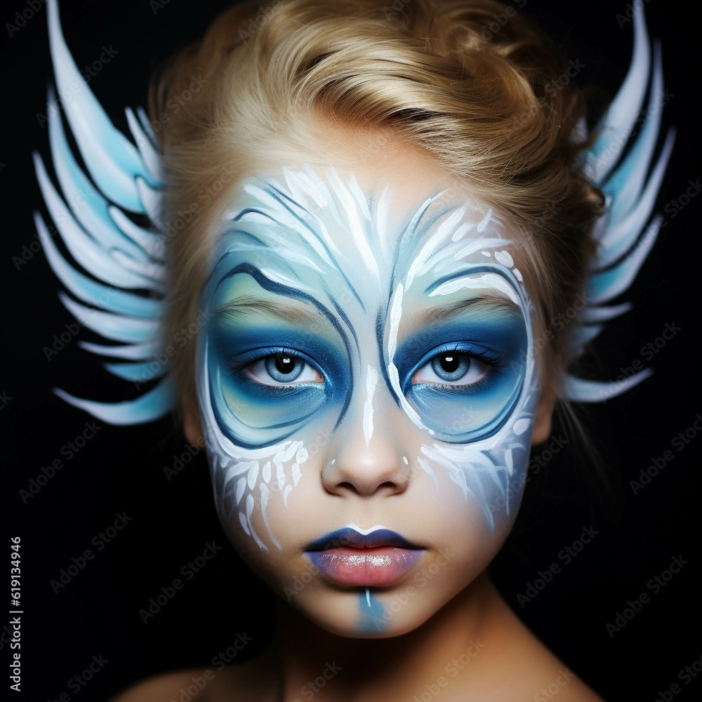 A child portrait with a painted face in the image of a angel. Solid isolated background. Generative AI.