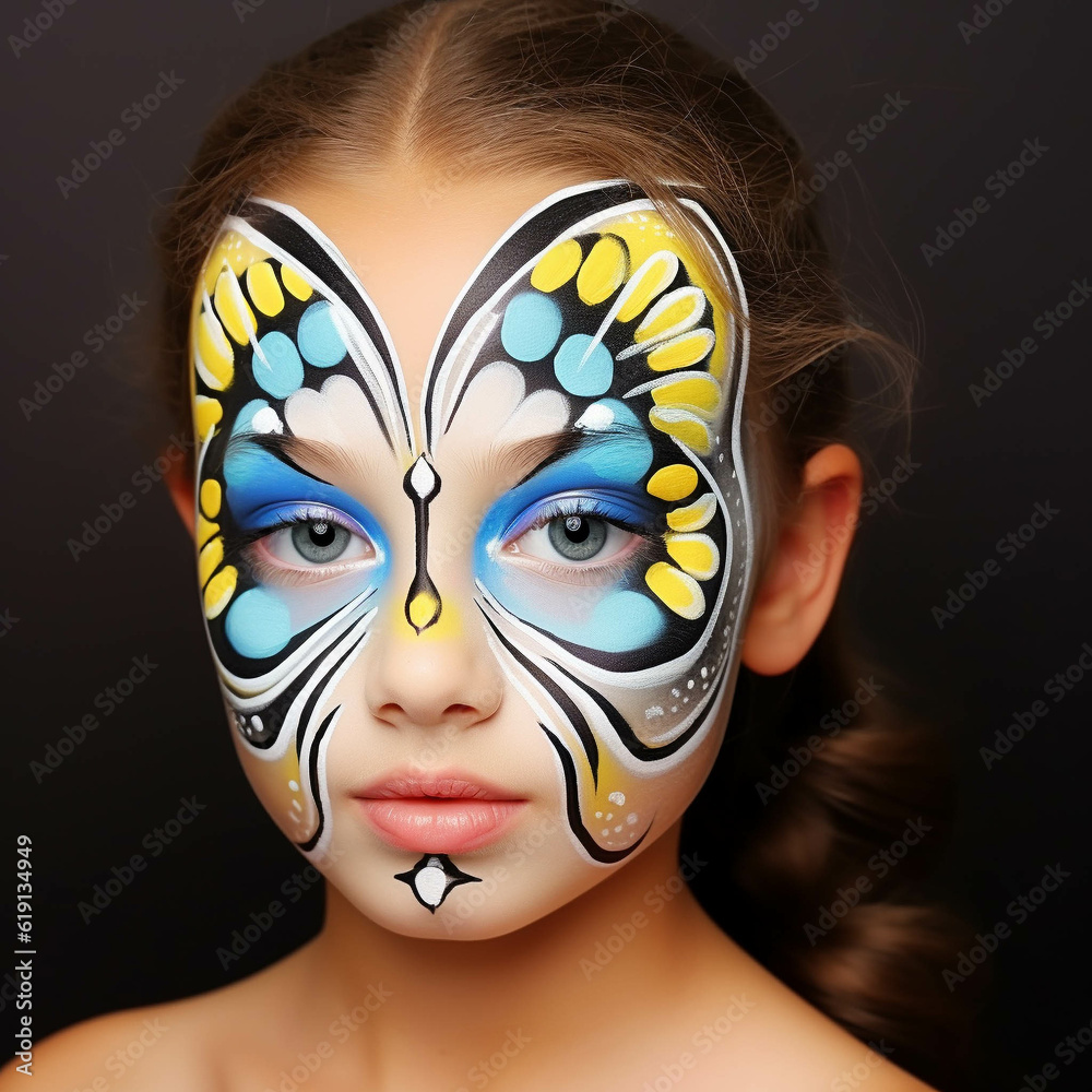 A child portrait with a painted face in the image of a butterfly. Solid isolated background. Generative AI.