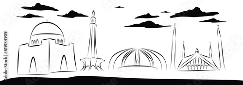 Mausoleum of Quaid-e-Azam , Pakistan Monument , Faisal Mosque , Minar e Pakistan vector design banner and  14 august Pakistan independence day Banner