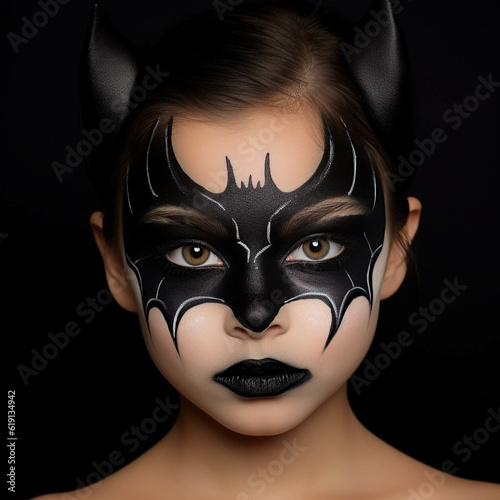 A child portrait with a painted face in the image of a bat. Solid isolated background. Generative AI.