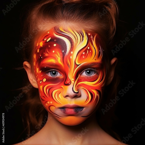 A child portrait with a painted face in the image of a fire. Solid isolated background. Generative AI.