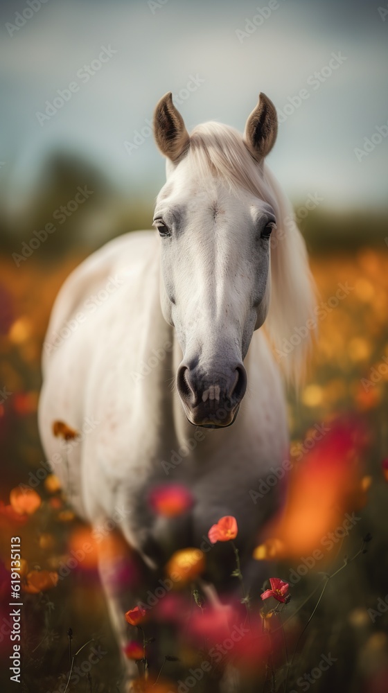 Obraz premium Template of vertical splash screen for mobile phone with beautiful white horse on the wild flowers background. Outdoor nature scene. Generated with AI.