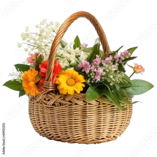 Wicker basket full of beautiful different flowers isolated on transparent background, png clip art. Decorative floral element. Generated with AI.