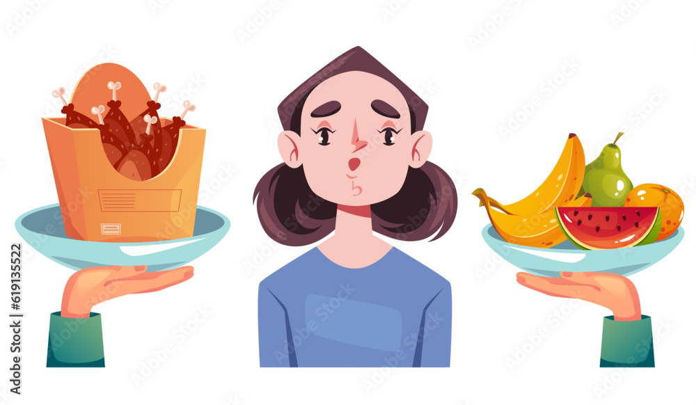 Food healthy and junk choose diet concept. Vector design graphic illustration Food healthy and junk choose diet concept. Vector design graphic illustration