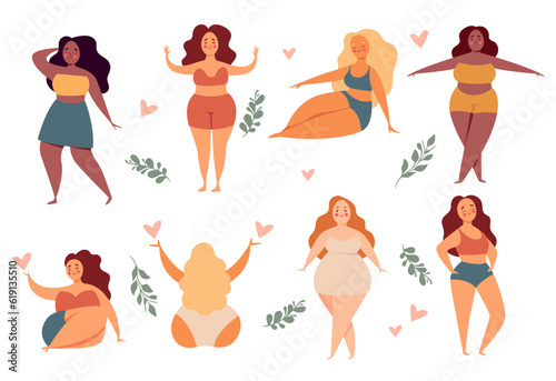Body positive woman female isolated set concept. Vector design graphic illustration
