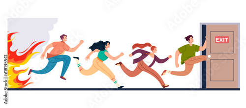 Safety emergency office exit door escape abstract concept. Vector design graphic illustration