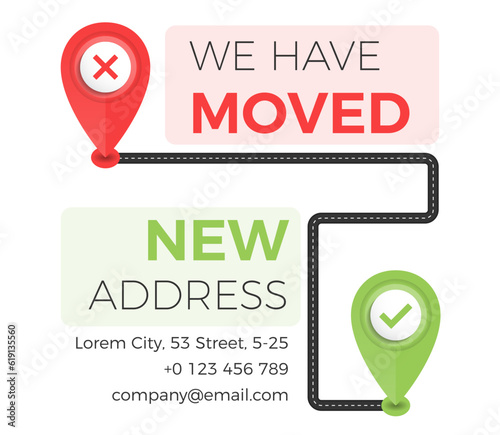 We have moved concept with road and map pins, vector eps10 illustration