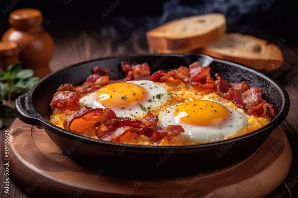 Bacon and eggs in a frying pan. Traditional breakfast. Generative AI. Bacon and eggs in a frying pan. Traditional breakfast. Generative AI.