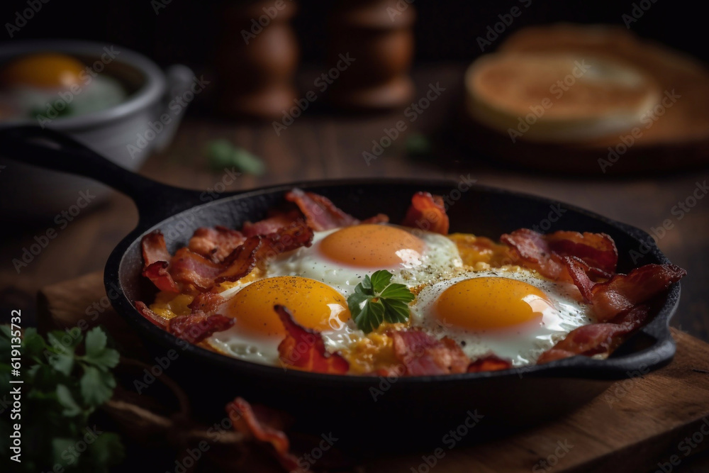 Bacon and eggs in a frying pan. Traditional breakfast. Generative AI. Bacon and eggs in a frying pan. Traditional breakfast. Generative AI.