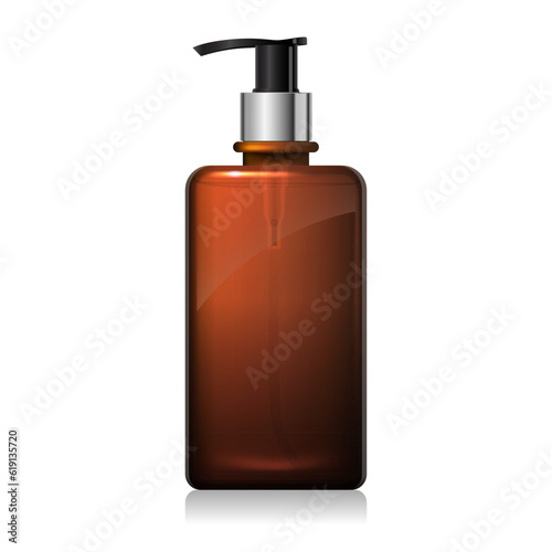 Clear brown glass bottle with silver pump with liquid inside isolated on white background. Square shape dark amber packaging. Shampoo, sanitizer, soap dispenser. 3d vector bottle mockup template