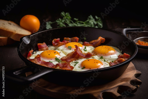 Bacon and eggs in a frying pan. Traditional breakfast. Generative AI.