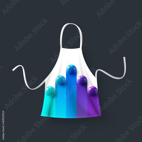 Amazing apron isolated on dark background illustration. Realistic uniform accessory mock up for barber, barista, baker, cook and housewife. Cotton clothes vector template. Colorful 3D balls design.