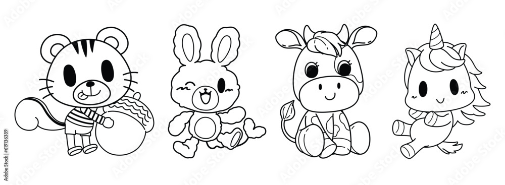 Line art cartoon, Black linear set of cute animal cartoon, Drawn doodle funny animal character isolated on white background, Vector illustration.