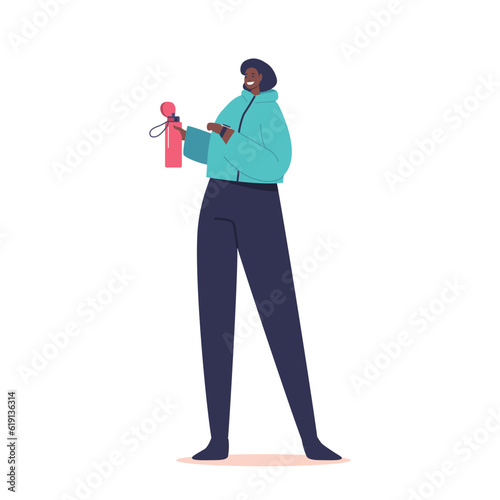 Woman Hydrates From A Water Bottle, Female Character Glancing At Her Wristwatch, Managing Time And Staying Refreshed