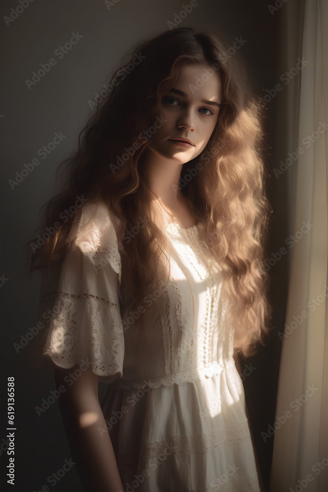 natural portrait of a European young girl in simple rustic clothes standing by the window, natural photo, soft light, ai generative art natural portrait of a European young girl in simple rustic clothes standing by the window, natural photo, soft light, ai generative art