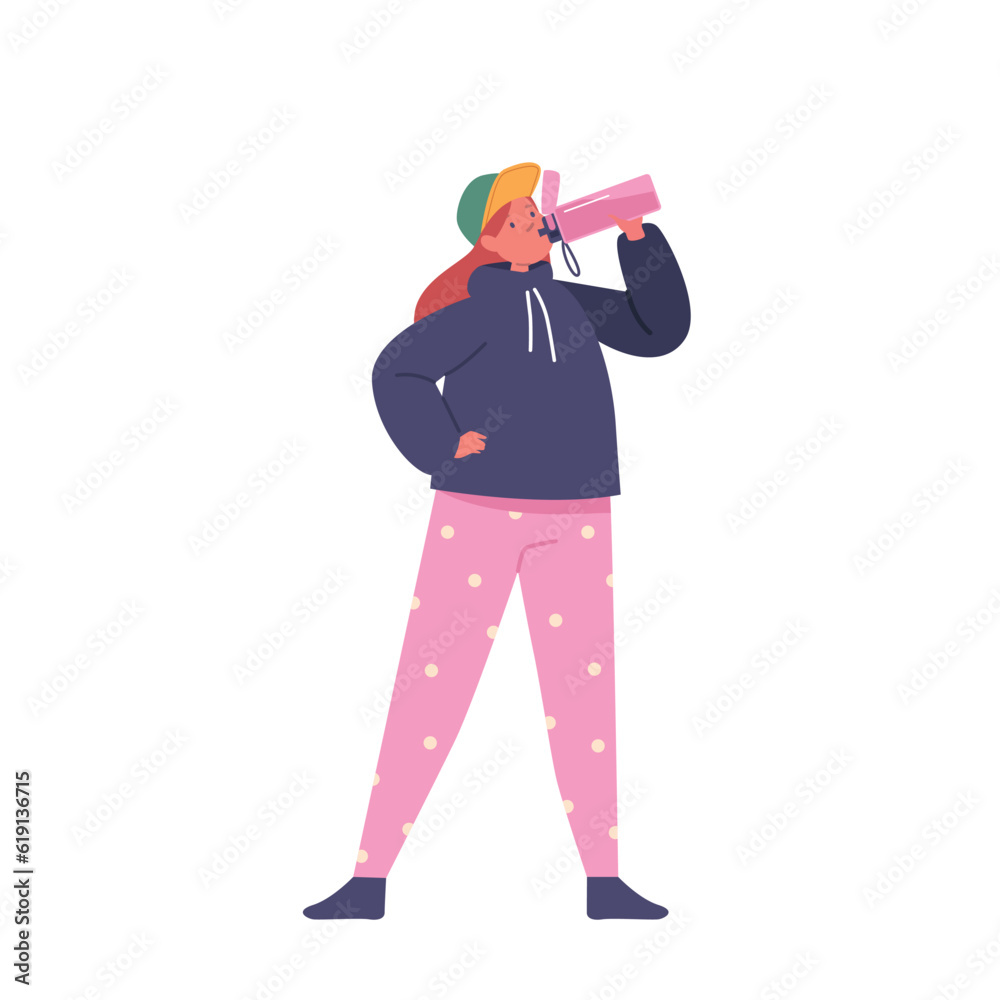 Little Girl Drinking Clean Water Or Juice. Kid Character With Bottle Enjoying Fresh Drink. Concept Of Summer Refreshment Little Girl Drinking Clean Water Or Juice. Kid Character With Bottle Enjoying Fresh Drink. Concept Of Summer Refreshment