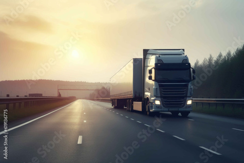 Powerful Trucks Racing Across the Highway. Generative AI
