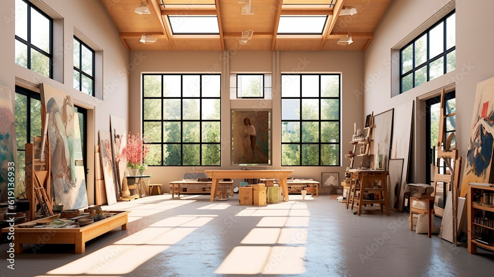 A modern and spacious art studio with natural light, high ceilings, and plenty of storage. Generative AI