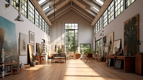 A modern and spacious art studio with natural light  high ceilings  and plenty of storage. Generative AI