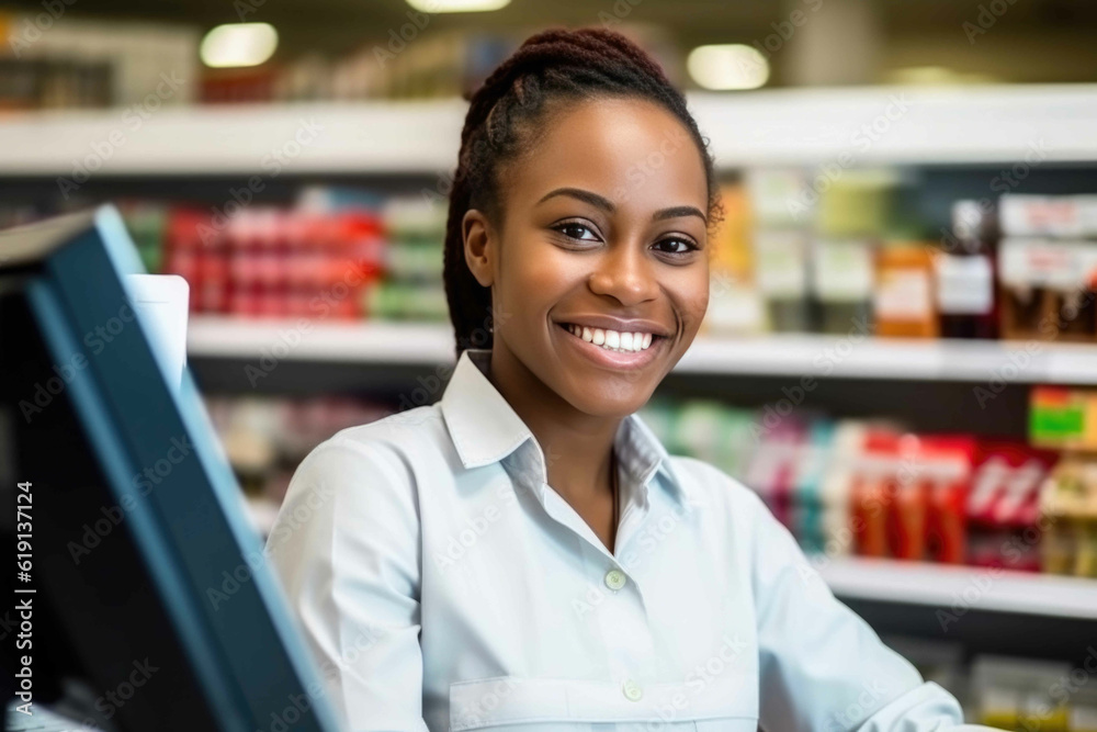 Joyful Black Cashier Poses at the Supermarket. Generative AI Joyful Black Cashier Poses at the Supermarket. Generative AI