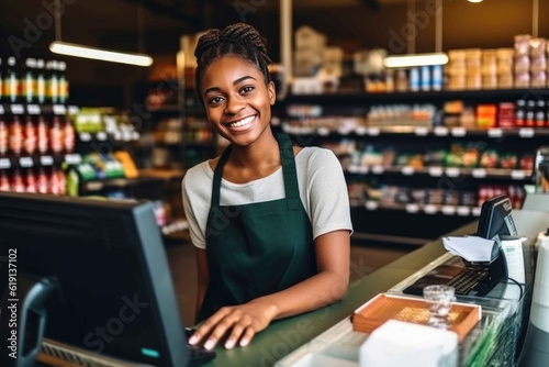 Friendly African American Cashier at Grocery Store. Generative AI