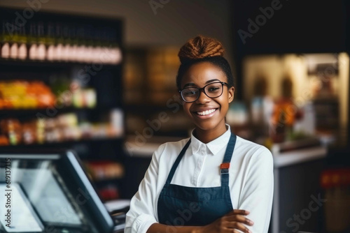 Vibrant African American Cashier at the Supermarket. Generative AI