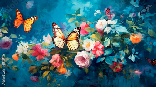 a painting of flowers and butterflies on a blue wallpaper. Generative AI