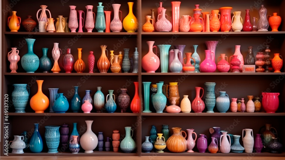 a shelf filled with lots of different colored vases and containers. Generative AI a shelf filled with lots of different colored vases and containers. Generative AI