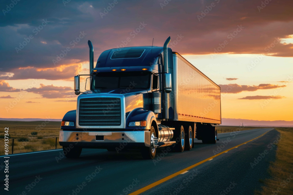 Truck and Trailer Journeying towards the Sunset. Generative AI Truck and Trailer Journeying towards the Sunset. Generative AI