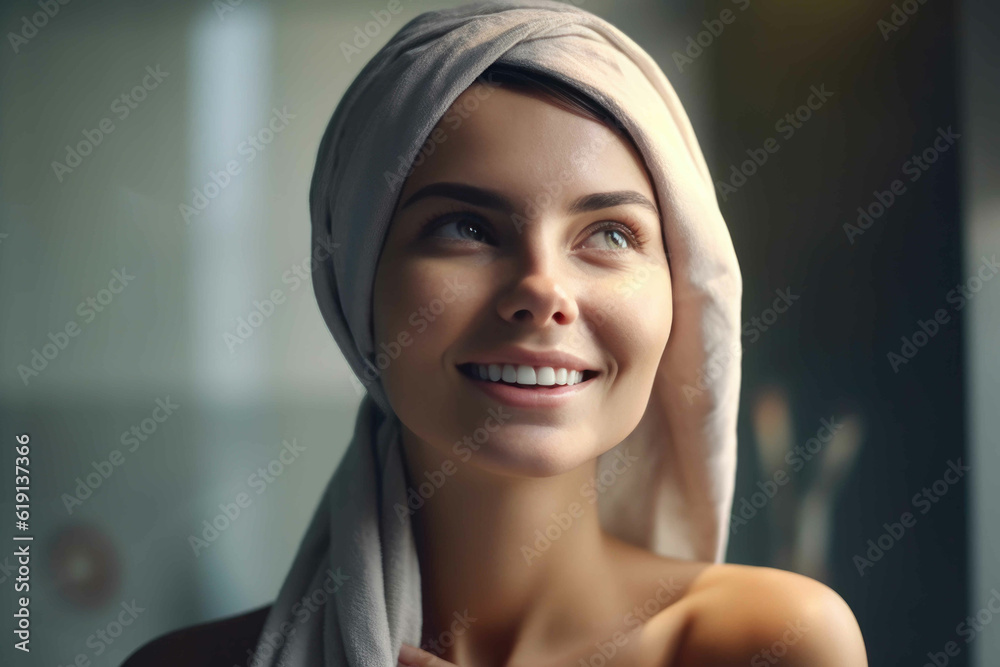 Smiling Woman Sporting Shiny Towel Headwear. Generative AI Smiling Woman Sporting Shiny Towel Headwear. Generative AI