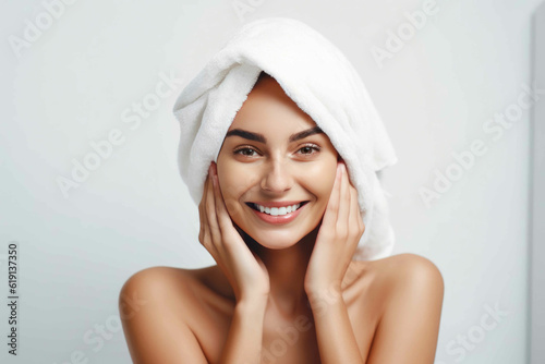 Stunning and polished beauty smiling while sporting a towel headwrap. Generative AI