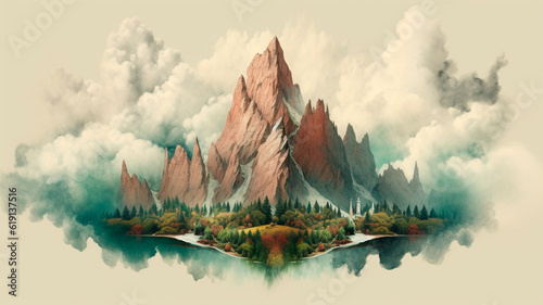 A surreal illustration of a distorted or manipulated natural environment, such as a forest or mountain range. Generative AI