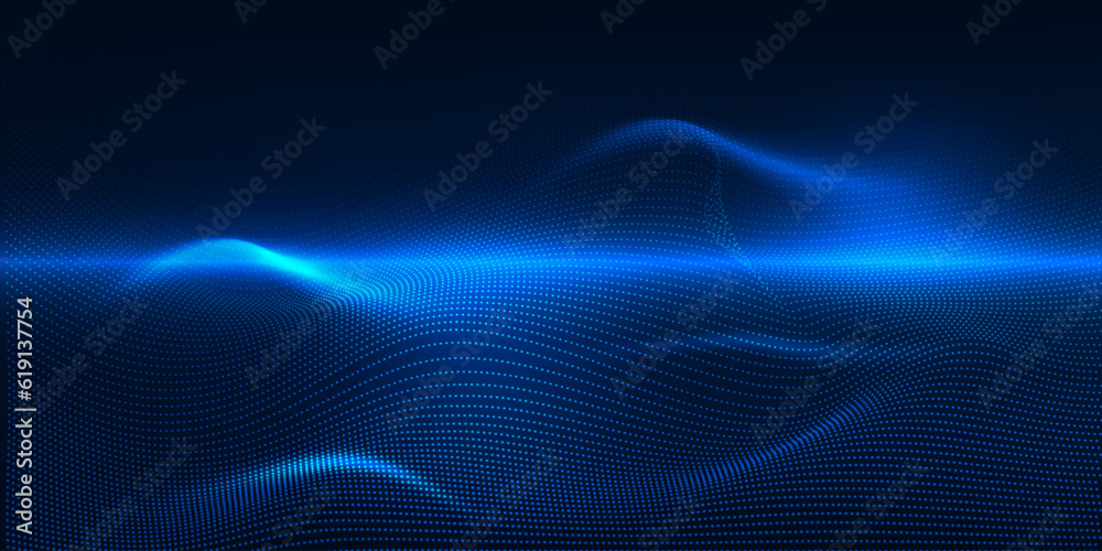 Vector illustration of futuristic neon blue wave dot connecting network for digital advertising and game artwork.Digital communication innovation and technology concepts. - obrazy, fototapety, plakaty 