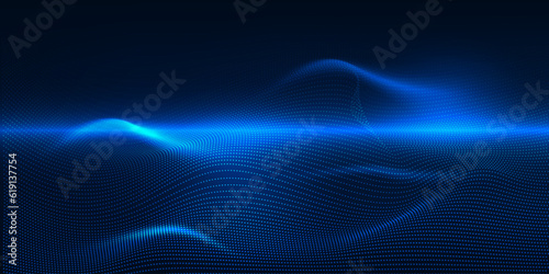 Vector illustration of futuristic neon blue wave dot connecting network for digital advertising and game artwork.Digital communication innovation and technology concepts.