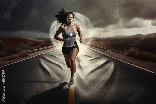 Healthy lifestyle: woman running on the road. Generative AI