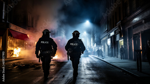 Wallpaper Mural Police Officers walking towards violence Protests, smoke, Fire Torontodigital.ca