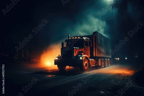 Surreal Inferno: Haunting Truck Rushing in Smoke. Generative AI